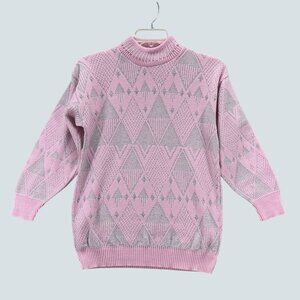 Vintage Pink Silver Metallic Argyle Sweater Mock Neck Women’s Medium Made in USA